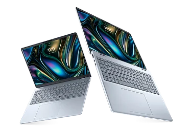Two Dell 16 Plus Laptops on a gray background.