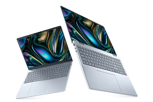 Two Dell 16 Plus Laptops on a gray background.