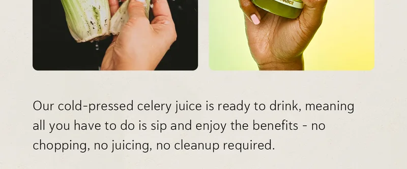 Our cold-pressed celery juice is ready to drink, meaning all you have to do is sip and enjoy the benefits – no chopping, no juicing, no cleanup required.