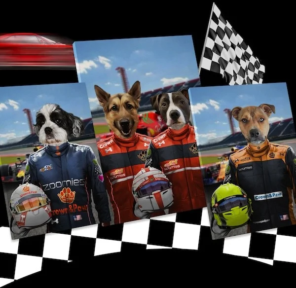 'Formula 1' inspired pet portrait mock ups of the teams: Mclaren, Ferrari and Red Bull