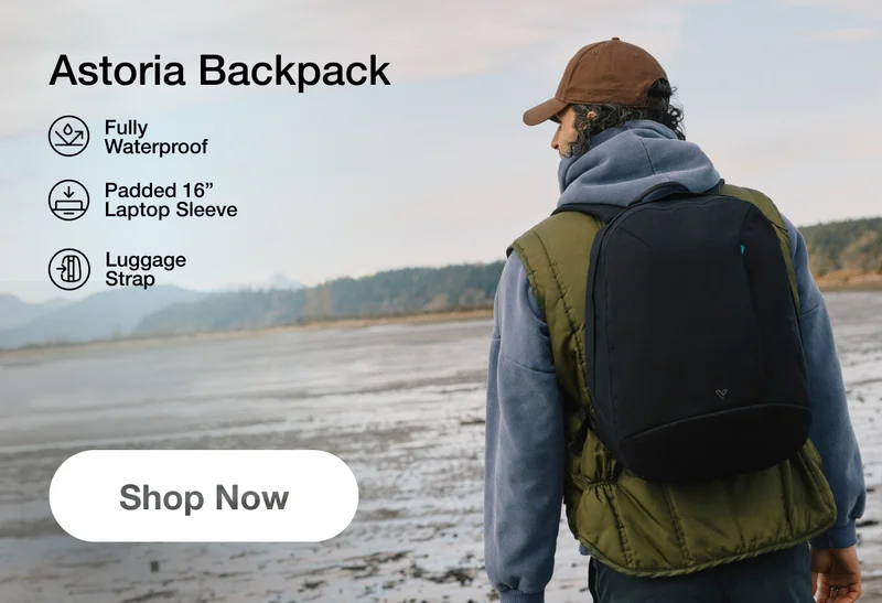 Astoria Backpack. Fully Waterproof, Padded 16" Laptop Sleeve, Luggage Strap. Shop Now.