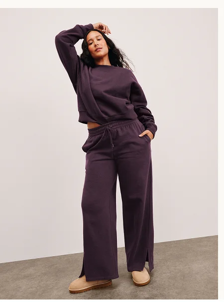 LuxeFleece Tranquil Slit Wide Leg Pant in Eggplant Purple