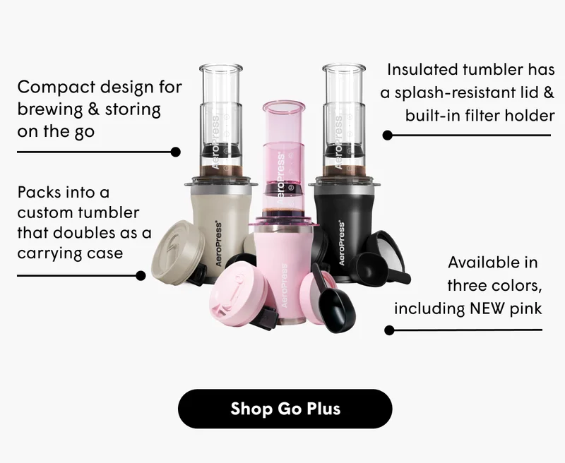 Compact design for brewing & storing on the go The insulated tumbler  has a splash-resistant  lid & built-in  filter holder Packs into a custom tumbler that doubles as a carrying case Available in  three colors, including NEW pink  [SHOP GO PLUS]
