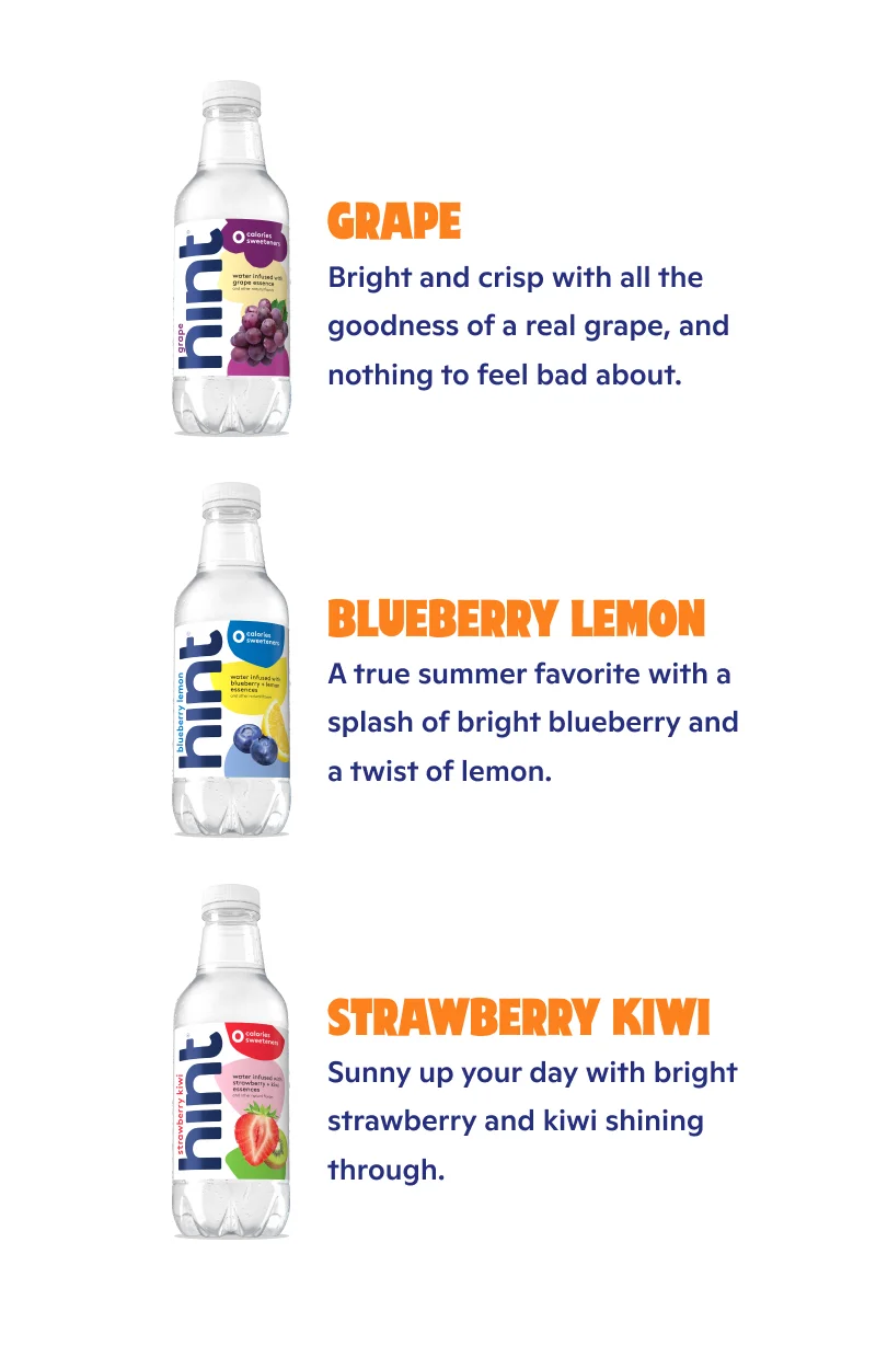 Lineup of Hint bottles in the Variety Pack - Grape, Blueberry Lemon, and Blueberry Lemon