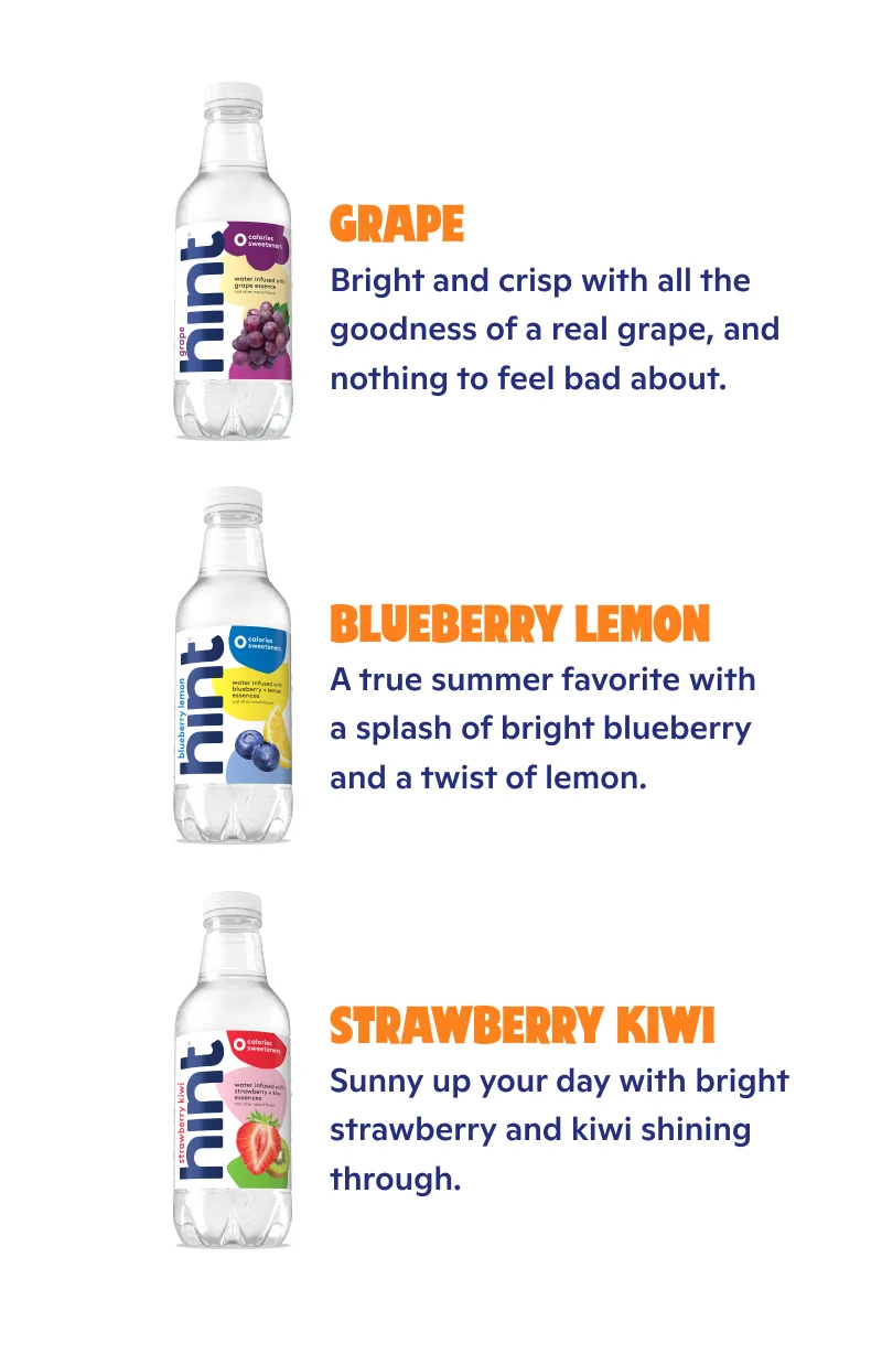 Lineup of Hint bottles in the Variety Pack - Grape, Blueberry Lemon, and Blueberry Lemon