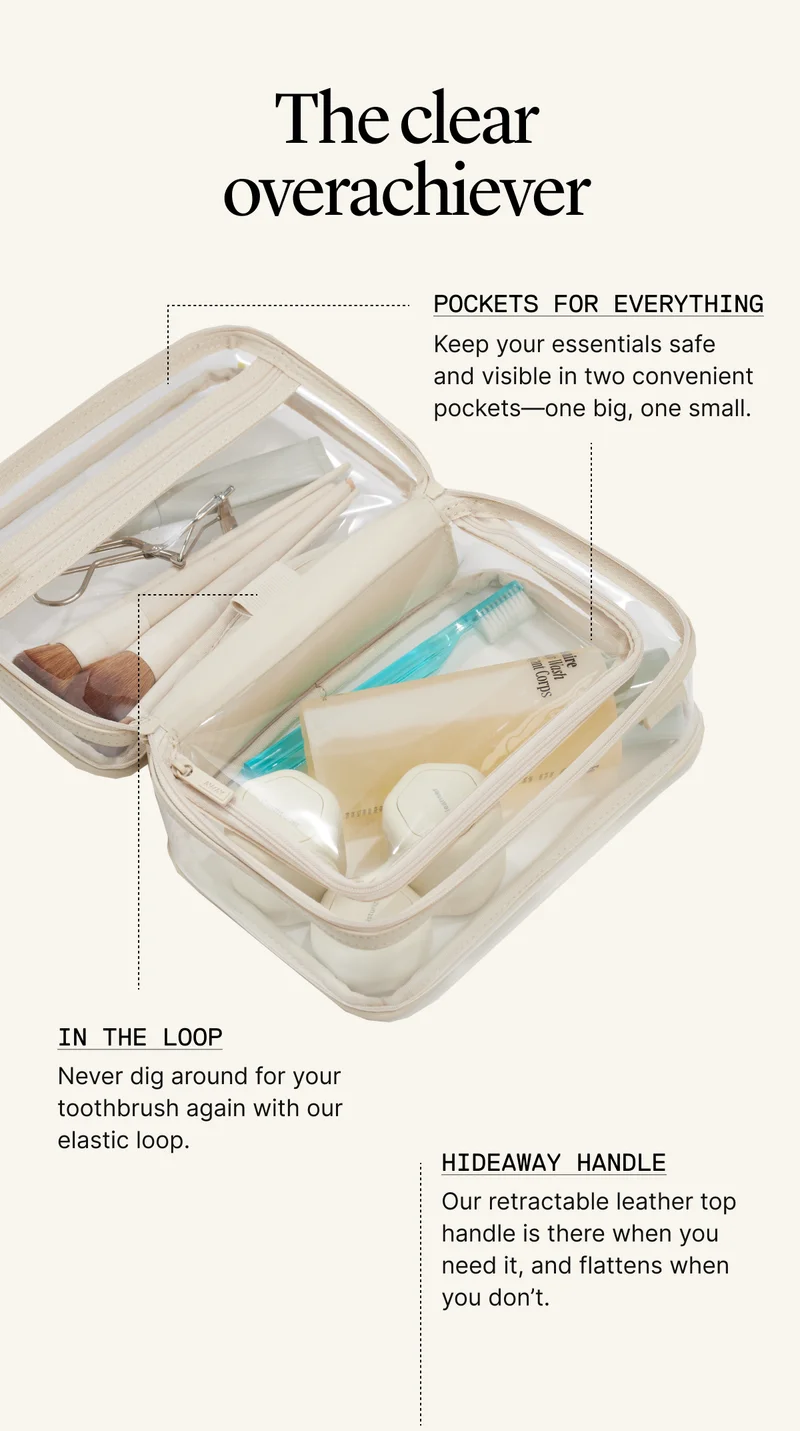 The clear overachiever:  Space for everything - Two compartments designed to fit travel-sized bottles and make packing a breeze. In the loop - Keep your toothbrush easily accessible with a branded elastic loop that holds it in place.