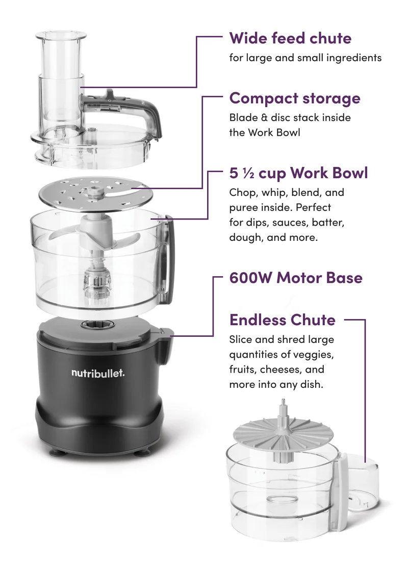 Black 600W motor base with endless chute and additional attachments for slicing and shredding