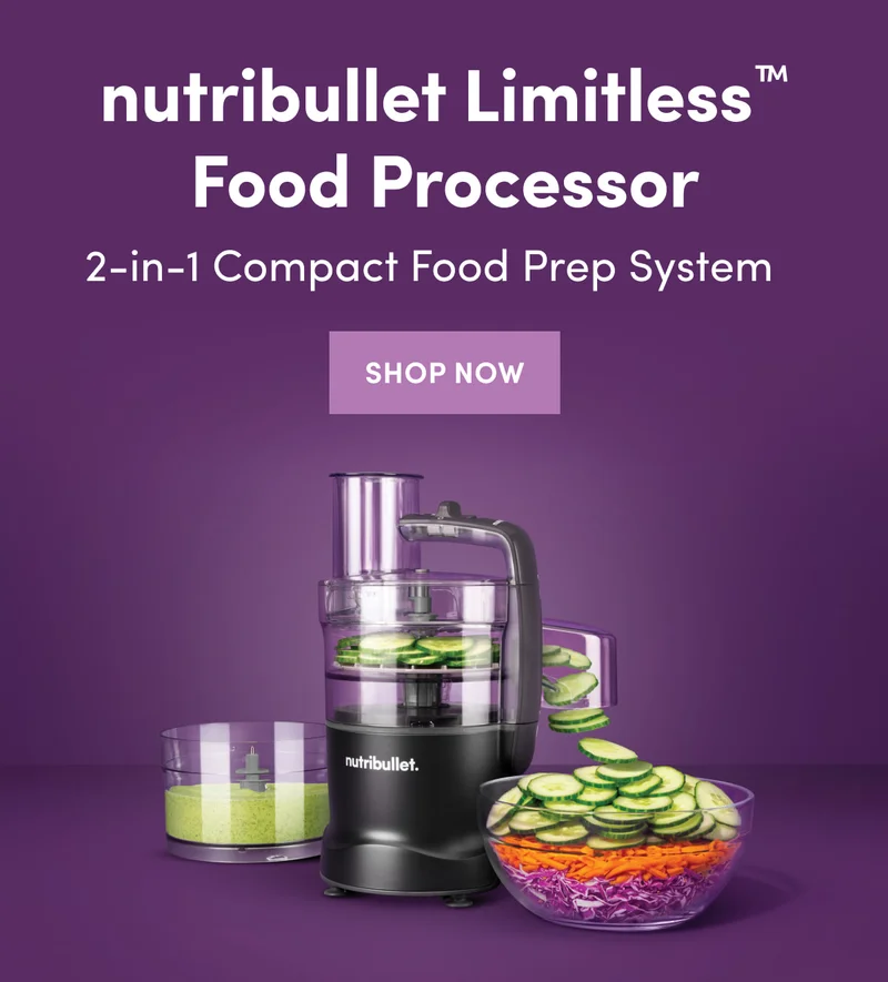 The nutribullet Limitless Food Processor displayed with slicing and mixing attachments beside bowls of fresh veggies