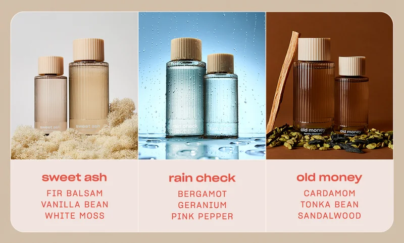 sweet ash fir balsam • vanilla bean • white moss  rain check bergamot • geranium • pink pepper  old money cardamom • tonka bean • sandalwood