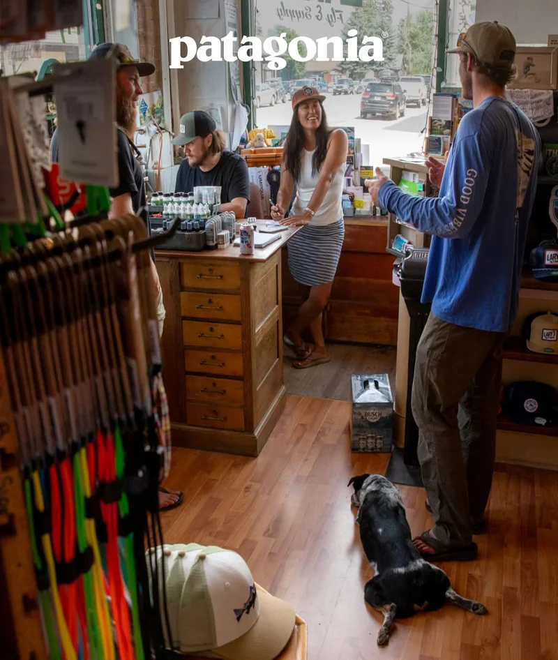 Patagonia. A group of people talking in a fly fishing shop.