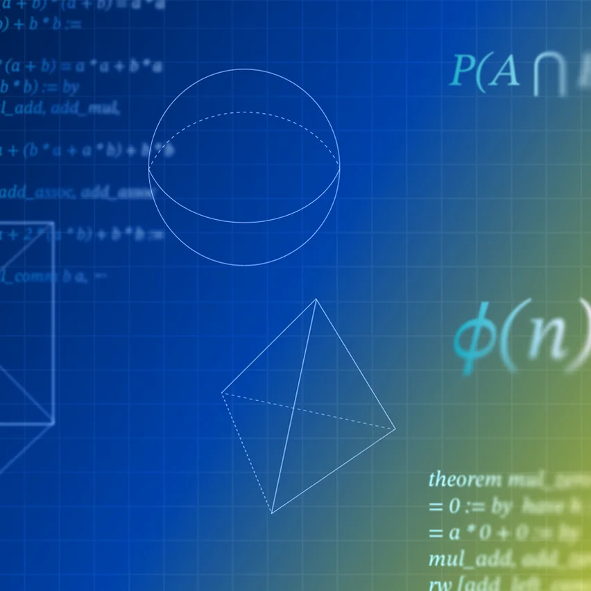 Blue-green abstract grid with white wireframe sphere and pyramid overlaid with glowing math equations and code.