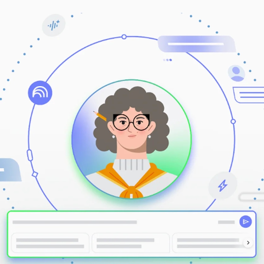 Female AI avatar, gray hair, glasses, pencil, chat interface.