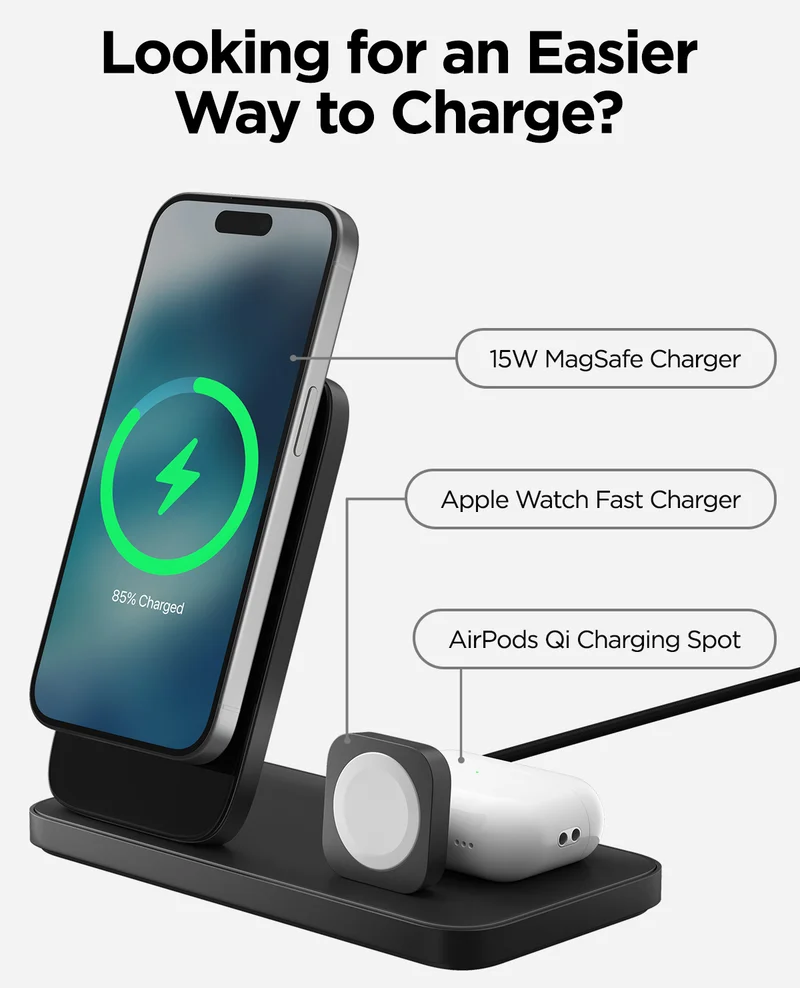 Looking for an Easier Way to Charge? Meet Stand One Max. 15W MagSafe Charger. Apple Watch Fast Charger. AirPods Qi Charging Spot. Stand One Max Powers all your devices at the same time so you can spend more time using them and less time waiting around for them to charge. Say goodbye to tangles cables and slow charge times and hello to fast, intuitive MagSafe charging. Shop Now.