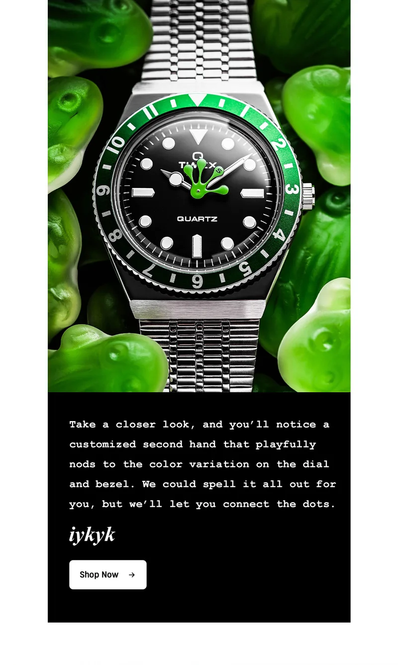 Take a closer look, and you'll notice a customized second hand that playfully nods to the color variation on the dial and bezel. We could spell it all out for you, but we'll let you connect the dots. | iykyk | Shop Now