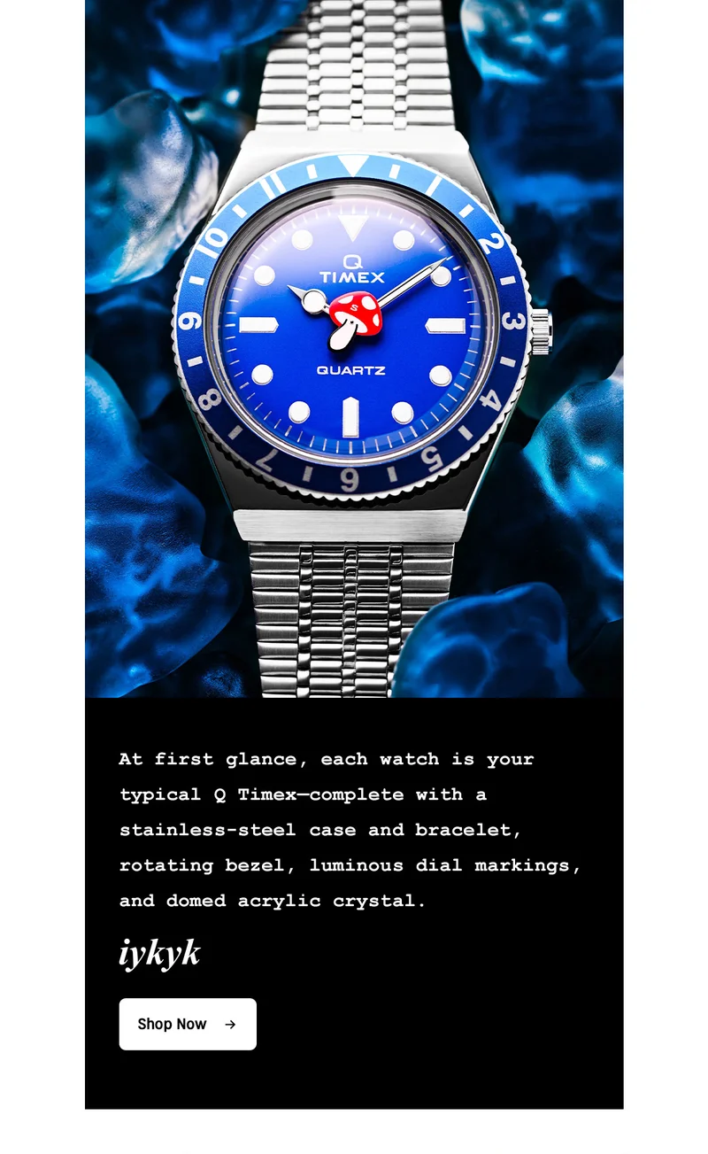 At first glance, each watch is your typical Q Timex - complete with a stainless-steel case and bracelet, rotating bezel, luminous dial markings, and domed acrylic crystal. | iykyk | Shop Now