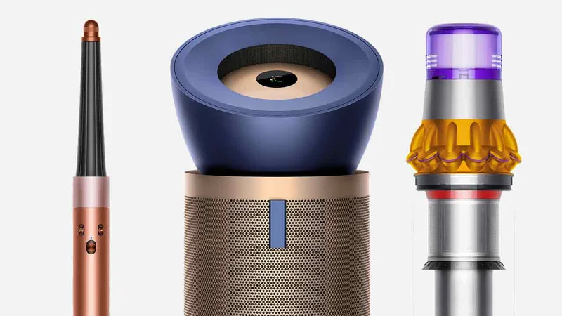 A selection of Dyson machines, including air purifiers, cordless vacuums and hair styling devices.