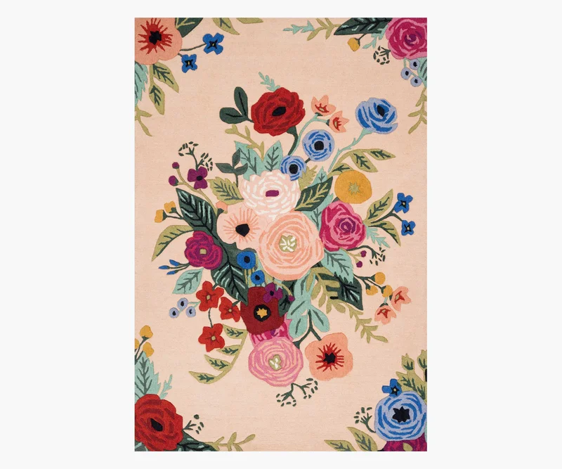 Image of Les Fleurs Juliet Rose Bouquet Wool-Hooked Rug - Blush