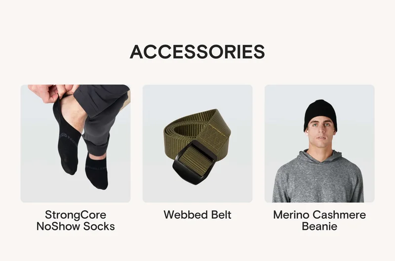 Accessories: StrongCore NoShow Socks / Webbed Belt / Merino Cashmere Beanie