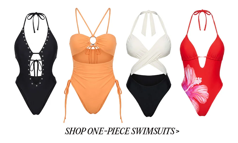 Shop 4 one-piece swimsuits: black studded lace-up, orange cutout, white/black halter, red floral print. Women's swimwear.