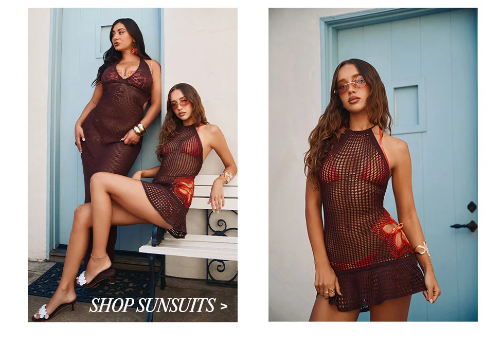 Brown crochet knit cover-ups for women. Stylish long & mini beach dresses over red swimwear. Shop sunsuits.