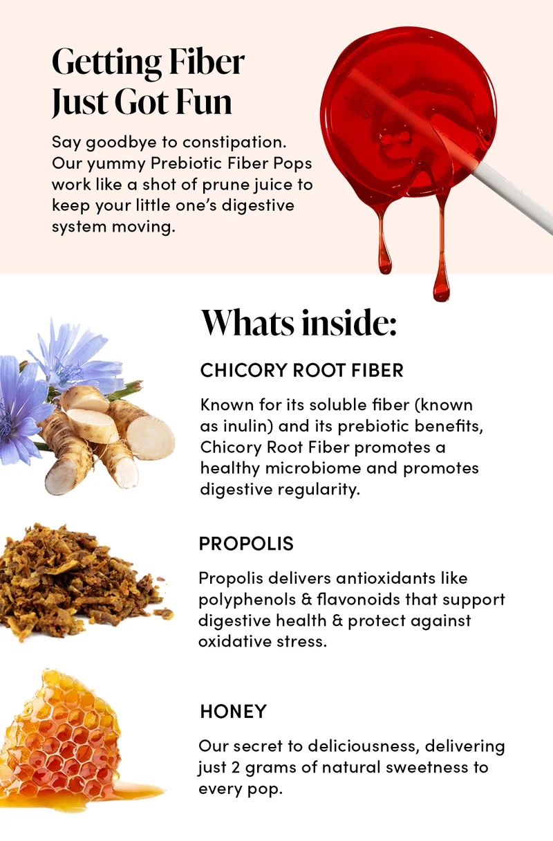 Getting Fiber Just Got Fun  Say goodbye to constipation. Our yummy Prebiotic Fiber Pops work like a shot of prune juice to keep your little one’s digestive system moving.   What’s Inside  Chicory Root Fiber  Known for its soluble fiber (known as inulin) and its prebiotic benefits, Chicory Root Fiber promotes a healthy microbiome and promotes digestive regularity.    Propolis Propolis delivers antioxidants like polyphenols & flavonoids that support digestive health & protect against oxidative stress.   Honey Our secret to deliciousness, delivering just 2 grams of natural sweetness to every pop.