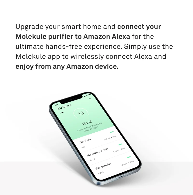 Upgrade your smart home and connect your Molekule purifier to Amazon Alexa for the ultimate hands-free experience.