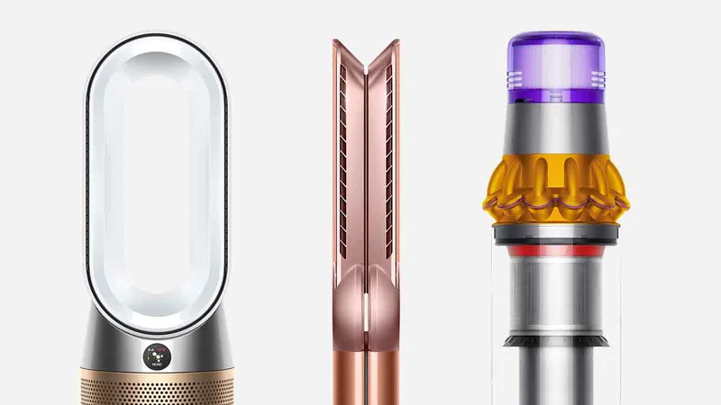 A selection of Dyson machines, including air purifiers, cordless vacuums and hair styling devices.