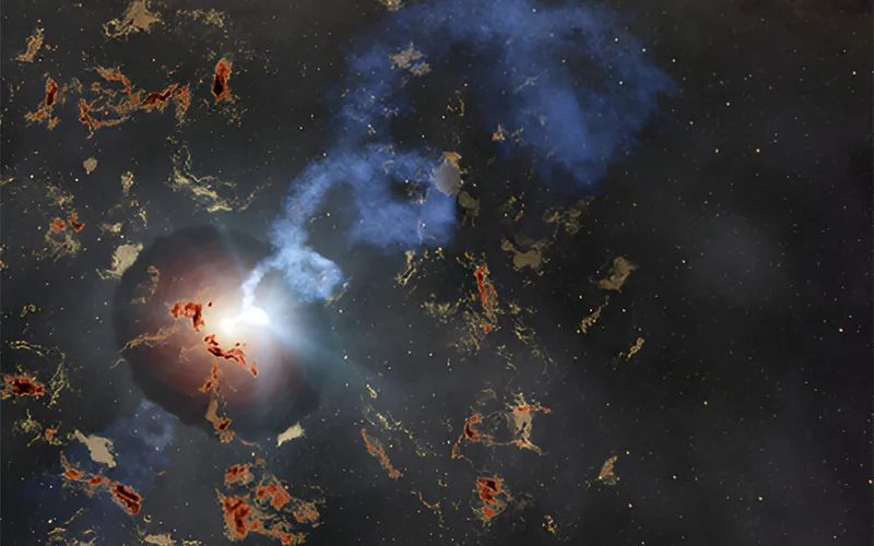 An artist’s representation of what may have caused a bright, repeating flash deep in space: a black hole accreting matter from a disk and feeding a powerful a jet.