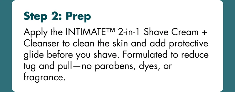 Step 2: Prep - Apply the INTIMATE™ 2-in-1 Shave Cream + Cleanser to clean the skin and add protective glide before you shave. Formulated to reduce tug and pull—no parabens, dyes, or fragrance.