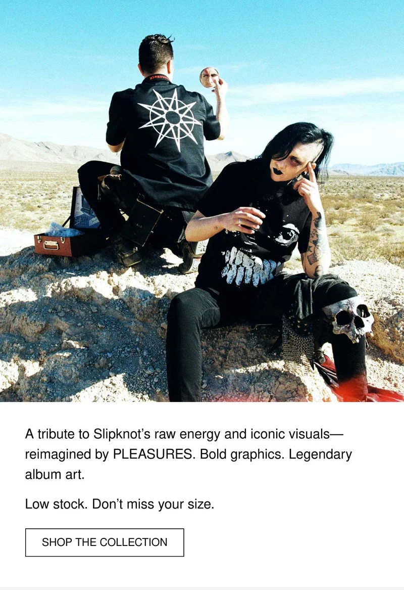 A tribute to Slipknot’s raw energy and iconic visuals—reimagined by PLEASURES. Bold graphics. Legendary album art.  Low stock. Don’t miss your size. | SHOP THE COLLECTION