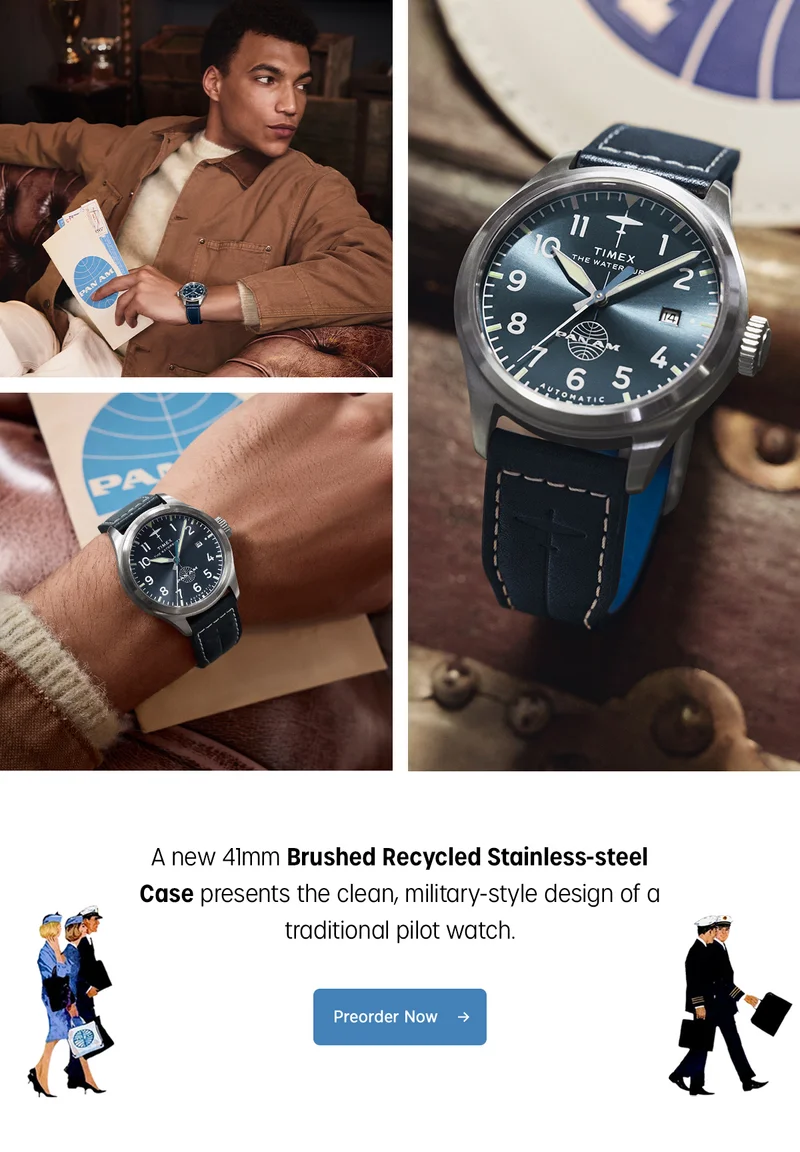 a new 41mm brushed recycled stainless-steel case presents the clean, military-style design of a traditional pilot watch | preorder now