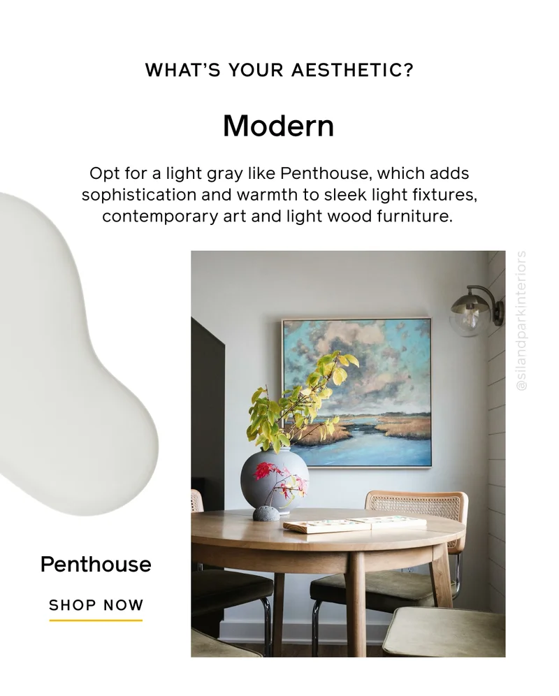WHAT'S YOUR AESTHETIC? Modern. Opt for a light gray like Penthouse, which adds sophistication and warmth to sleek light fixtures, contemporary art and light wood furniture. Penthouse SHOP NOW
