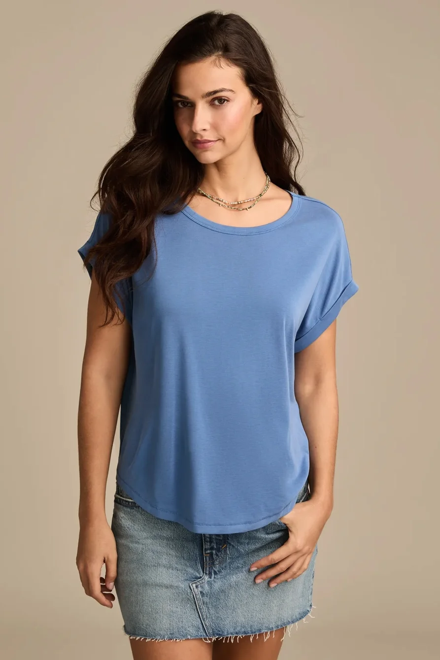 Image of Lucky Brand Short Sleeve Sandwash Dolman Tee - Women's Clothing Tops Shirts Tee Graphic T Shirts in Strong Blue