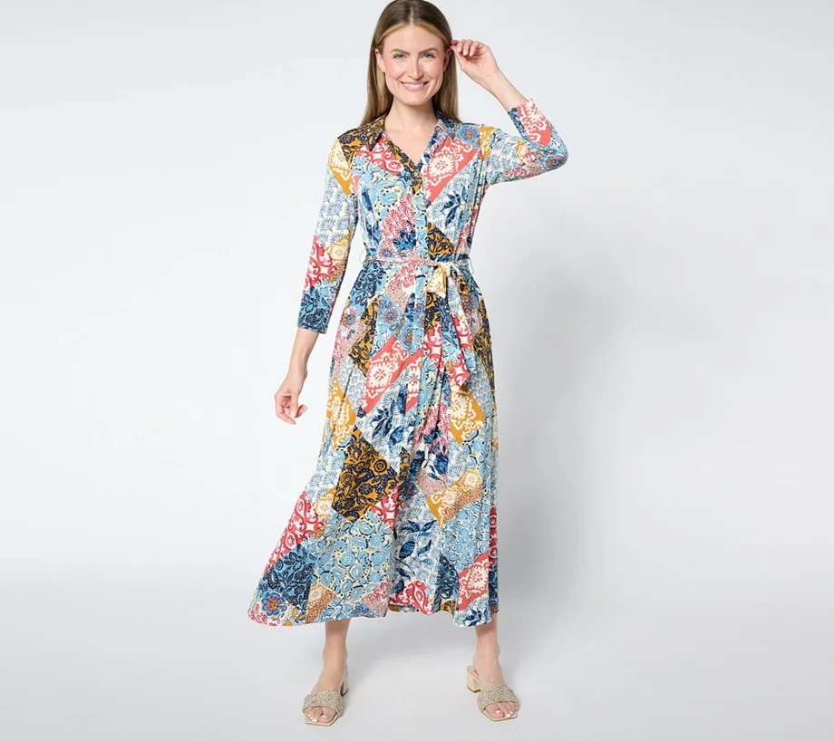 Susan Graver Petite Printed Liquid Knit Belted Maxi Dress