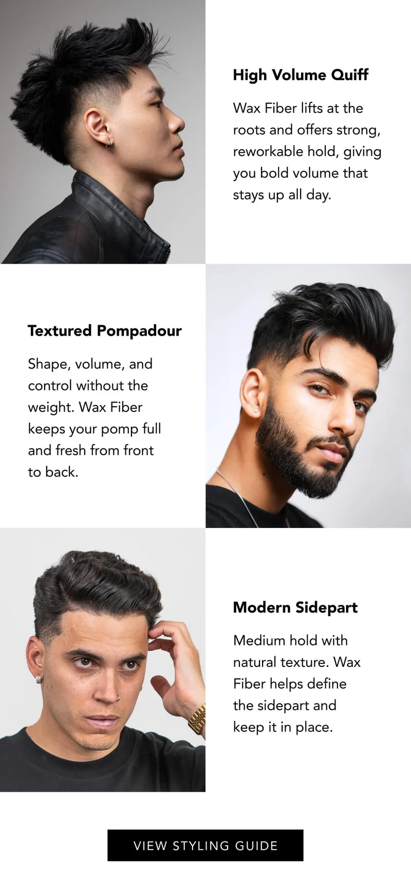 High Volume Quiff, Textured Pompadour, and Modern Sidepart
