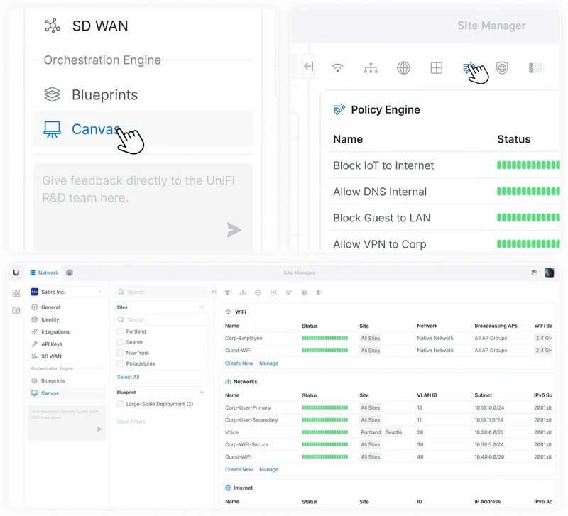 Manage policies, networks, and WiFi across your entire Fabric  with total clarity, control, and scale.