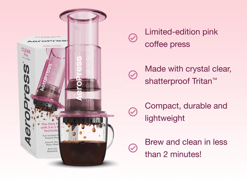 AeroPress Clear Pink Features: Limited-edition pink coffee press /// Made with crystal clear, shatterproof Tritan™ /// Compact, durable and lightweight /// Brew and clean in less than 2 minutes!