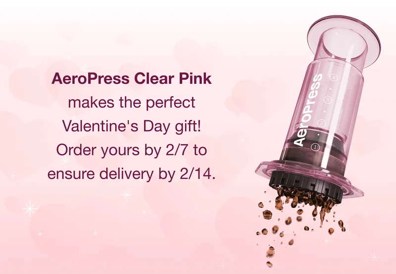 AeroPress Clear Pink makes the perfect Valentine's Day gift! Order yours by 2/7 to ensure delivery by 2/14.