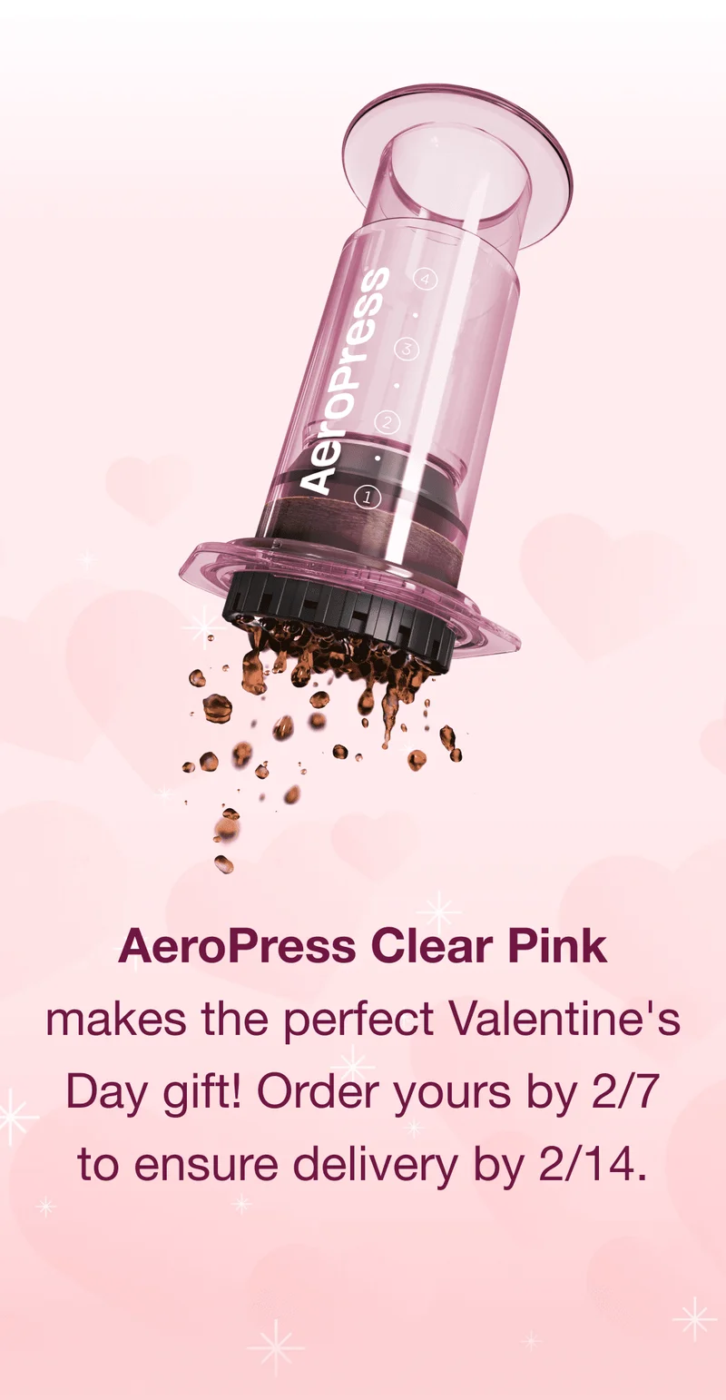 AeroPress Clear Pink makes the perfect Valentine's Day gift! Order yours by 2/7 to ensure delivery by 2/14.