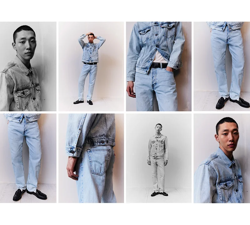 Collage of a person wearing light wash trucker jacket and jeans