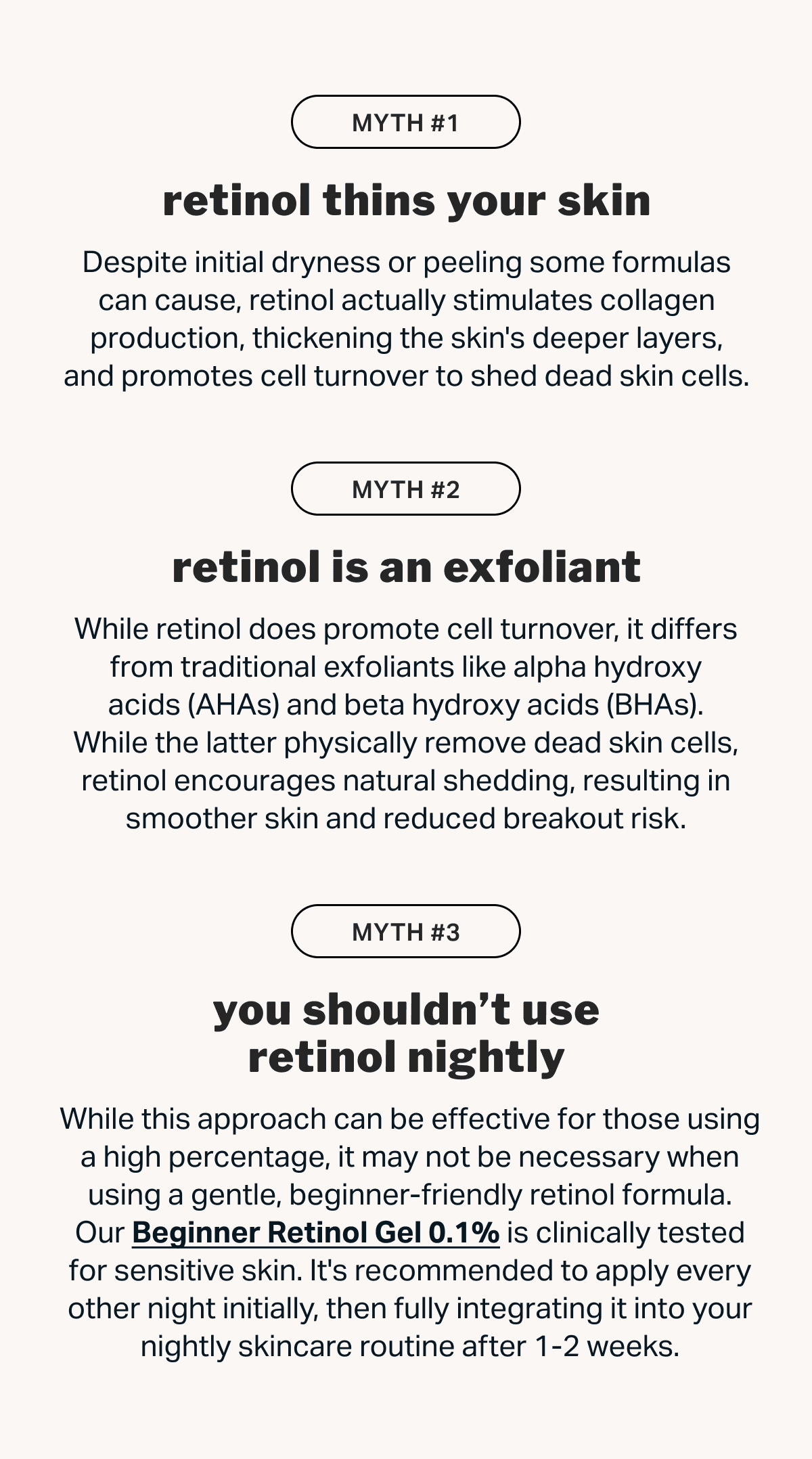 MYTH #1 retinol thins your skin MYTH #2 retinol is an exfoliant MYTH #3 You Shouldn’t Use Retinol Nightly