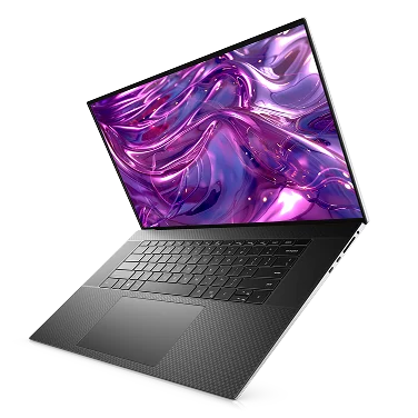 A Dell laptop computer suspended in midair.