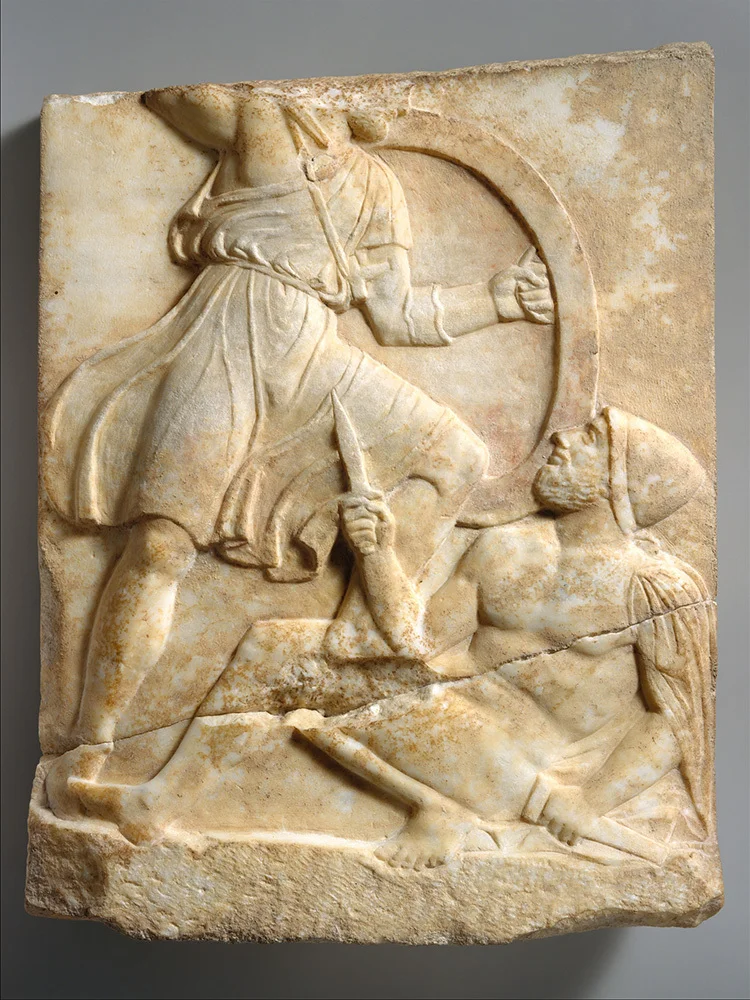 Memorial stone slab depicting a battle scene with a stele, a man in the foreground holds a knife