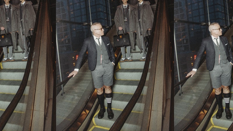 Image may contain: Thom Browne, Thom Browne, Cameron Carpenter, Blazer, Clothing, Coat, Jacket, Architecture, and Building