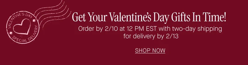 Get Your Valentines Day Gifts In Time!  Order by 2/5 at 11:59PM EST with standard shipping  for delivery by 2/13  SHOP NOW