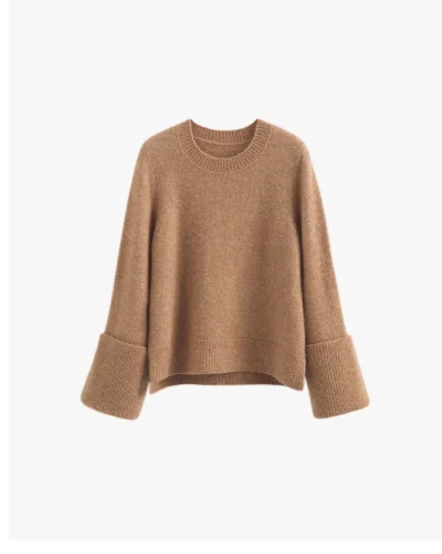 Alpaca Wool Rolled Cuff Sweater Camel
