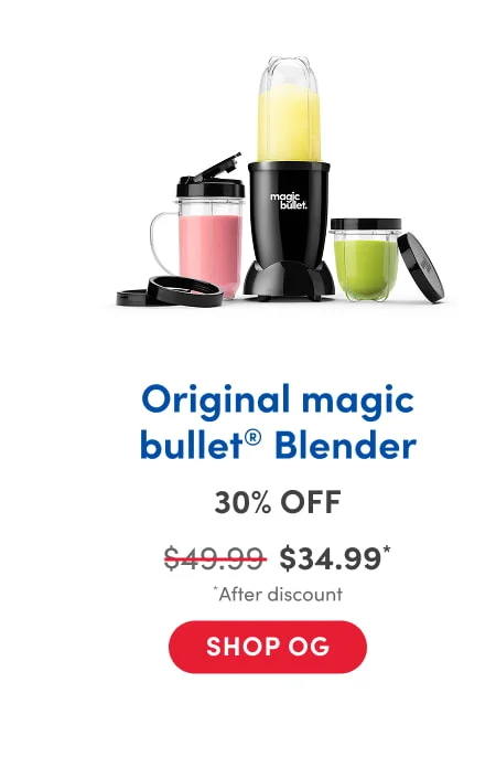 A magic bullet blender set is displayed with three cups containing different smoothies: a yellow smoothie in the blender, a pink one in a handled cup with a lid, and a green one in a short cup with a lid beside it. Two additional black lids are also shown.