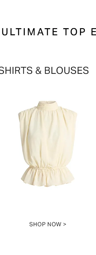 Shop women's cream sleeveless mock neck blouse with shirred waist & ruffled hem. Ultimate shirts & blouses collection.