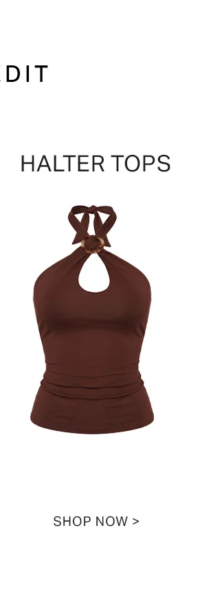 Women's brown halter top with tie-neck and wooden O-ring.