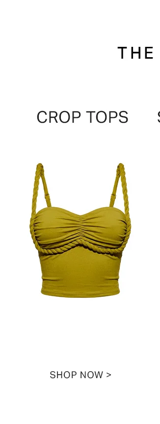 Olive green ruched crop top with braided rope straps & trim, sweetheart neckline.